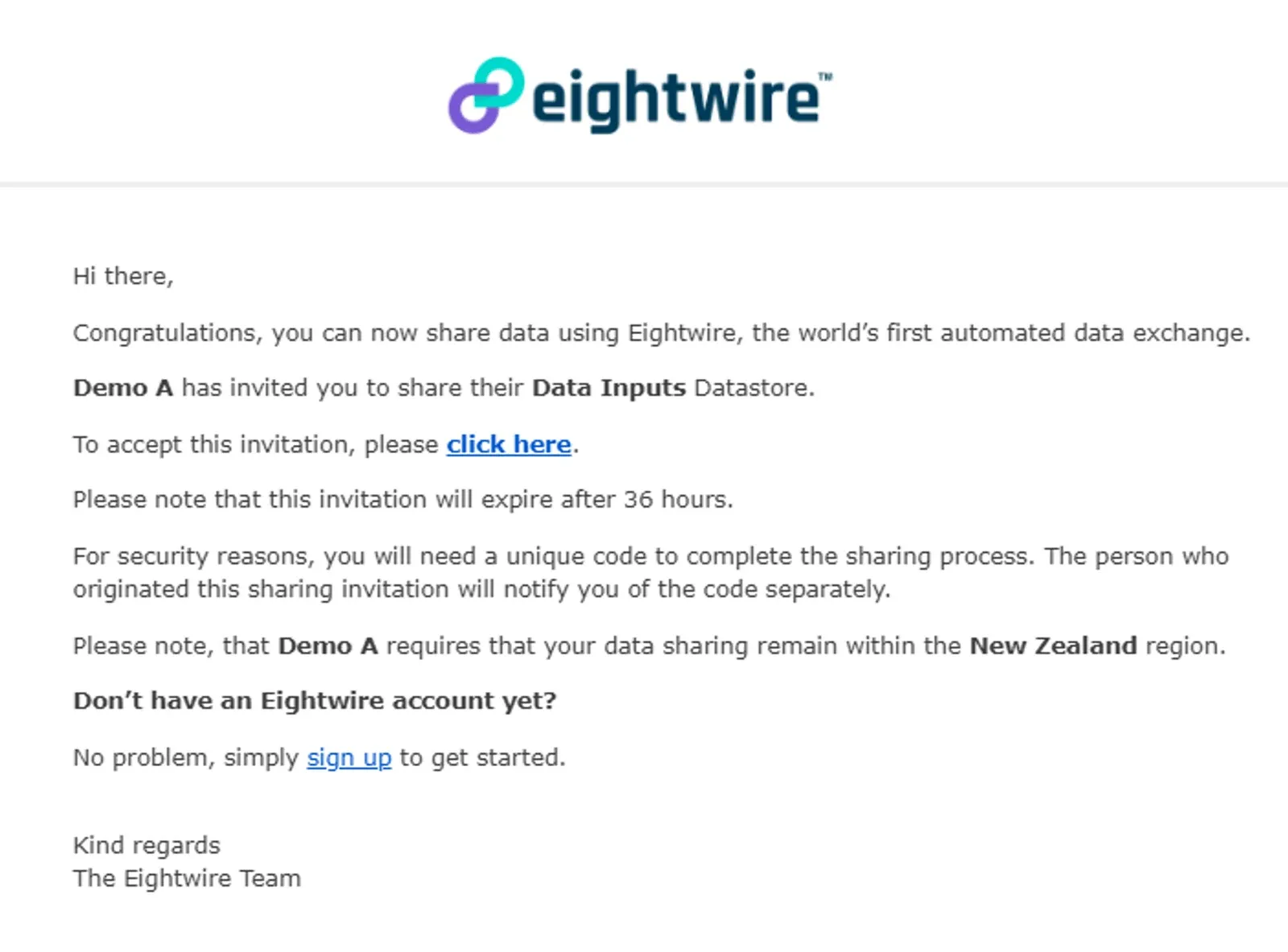 Datastore share invitation email from Demo A with the click here link, 36-hour expiry and New Zealand region restriction