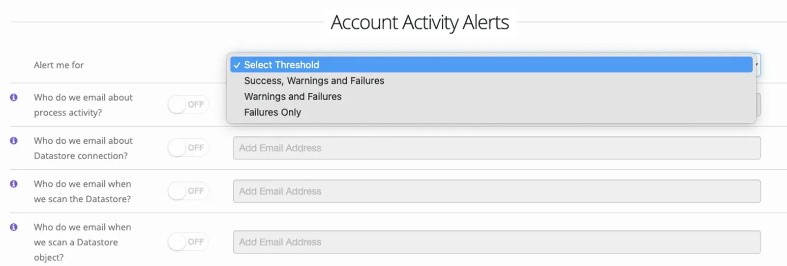 Alert me for dropdown open on Account Activity Alerts, listing Success, Warnings and Failures; Warnings and Failures; Failures Only