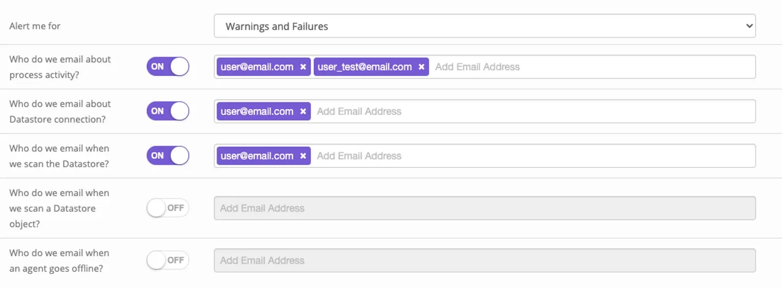 Alert rows with Alert me for set to Warnings and Failures, process activity, Datastore connection and scan toggles ON with email tags