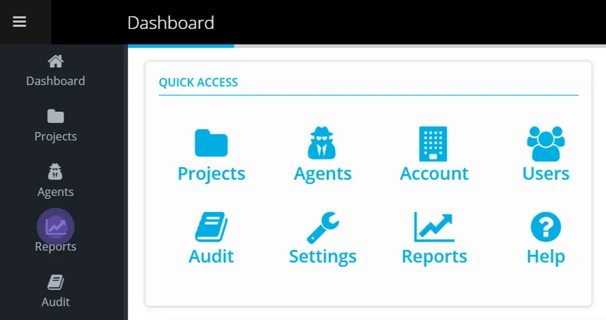Account Dashboard with Reports highlighted in the left sidebar, next to the Quick Access tiles