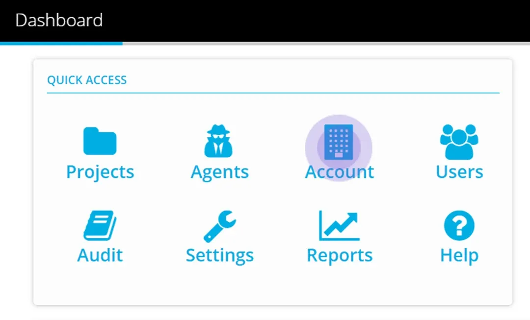 Dashboard Quick Access tiles with the Account tile highlighted