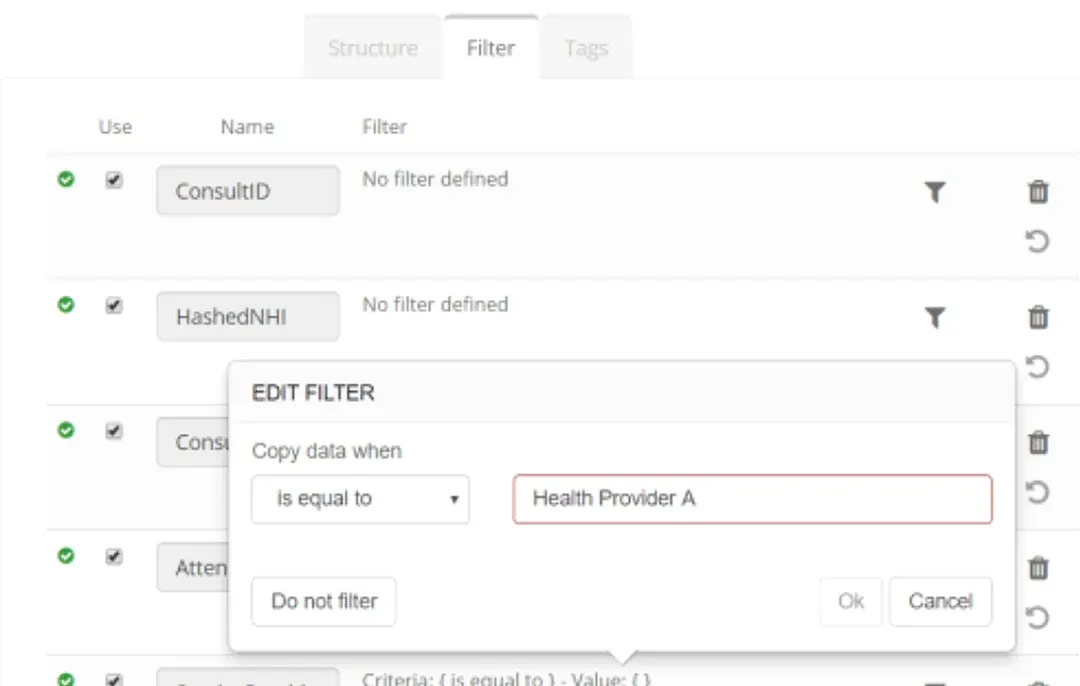 Datastore object Filter tab with the Edit Filter popup: Copy data when is equal to Health Provider A, with Ok and Do not filter buttons