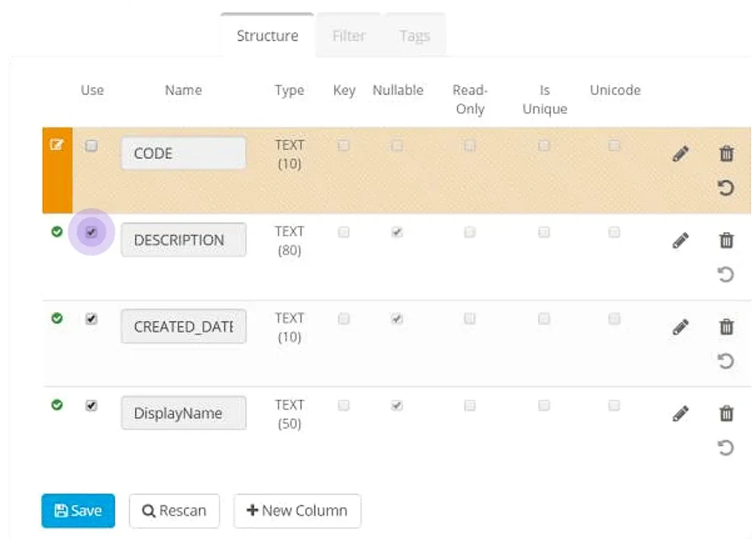 Datastore Structure tab: the Use checkbox column is highlighted, the CODE row is unticked (marked orange), and the Save button is below