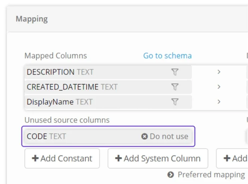Process Mapping panel with CODE listed under Unused source columns and marked Do not use, below the Mapped Columns list
