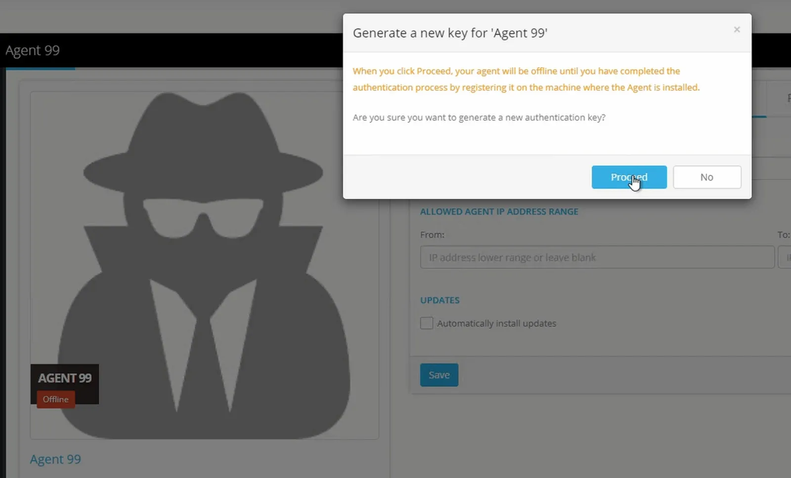 Generate a new key for 'Agent 99' dialog with the offline warning and the cursor on the Proceed button
