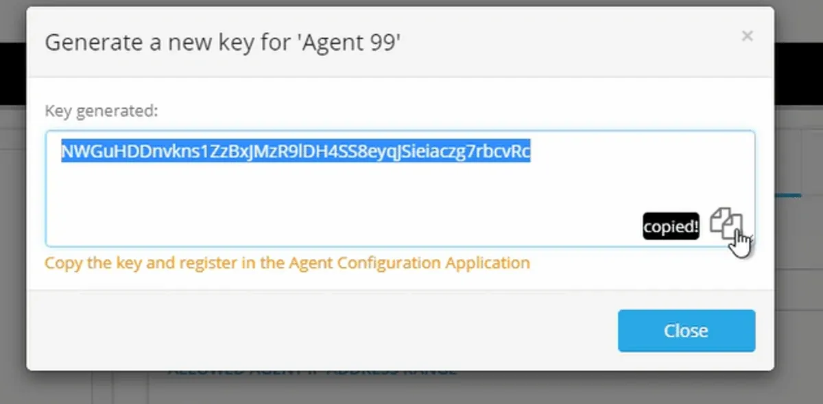 Generate a new key dialog showing the generated key in the Key generated field with the copy icon and 'copied!' tooltip