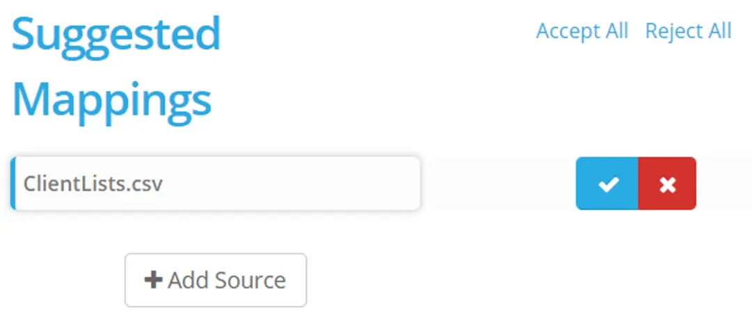 Suggested Mappings panel with ClientLists.csv, the blue tick and red cross buttons, and the Accept All link