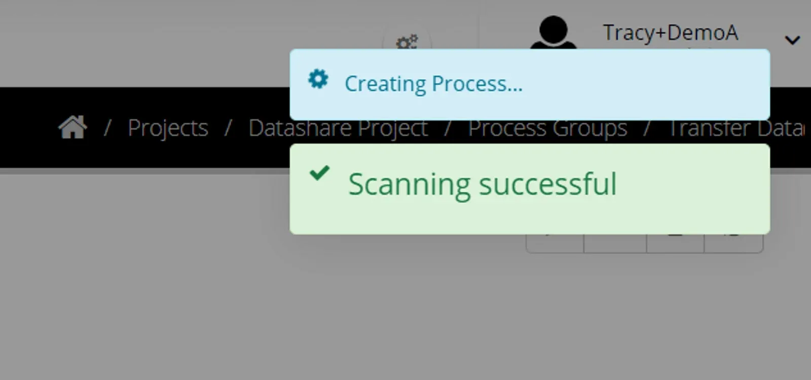 Creating Process... and Scanning successful notifications shown after accepting the mapping