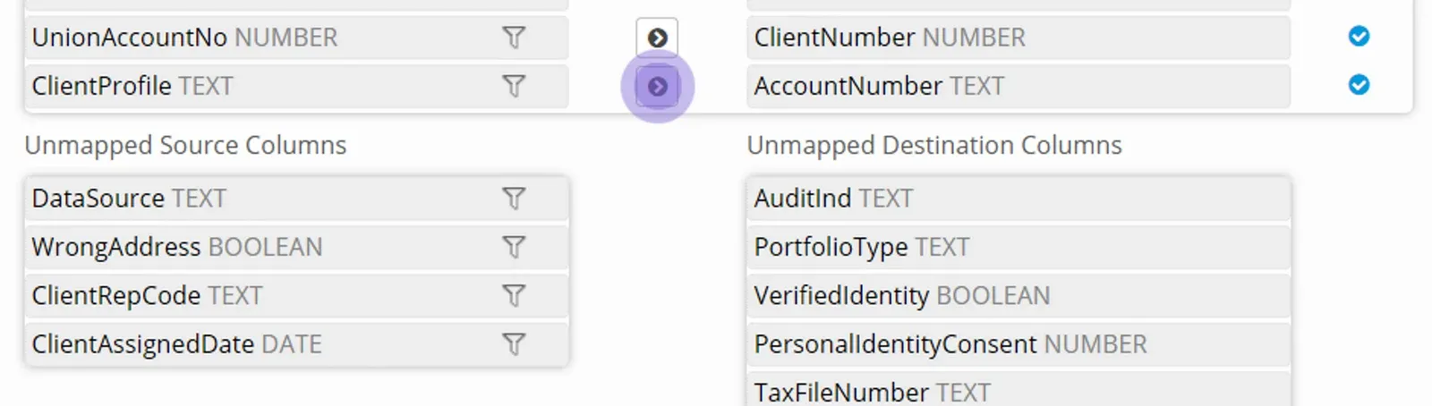 Manually mapped UnionAccountNo and ClientProfile columns with dark grey arrows, the ClientProfile arrow highlighted, and blue ticks