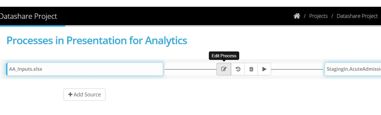 Processes in Presentation for Analytics list with the Edit Process tooltip over the pencil button on the AA_Inputs.xlsx row
