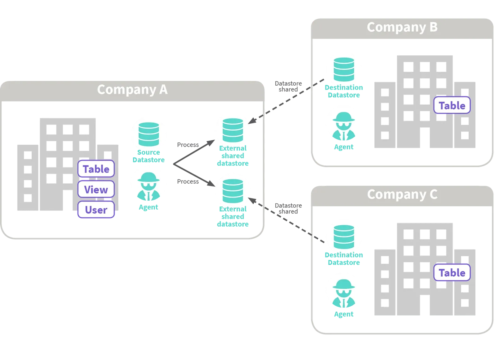 Company B and Company C each share their Destination Datastore (dashed arrows) into Company A; two Process arrows fan out from A's Source Datastore to each.