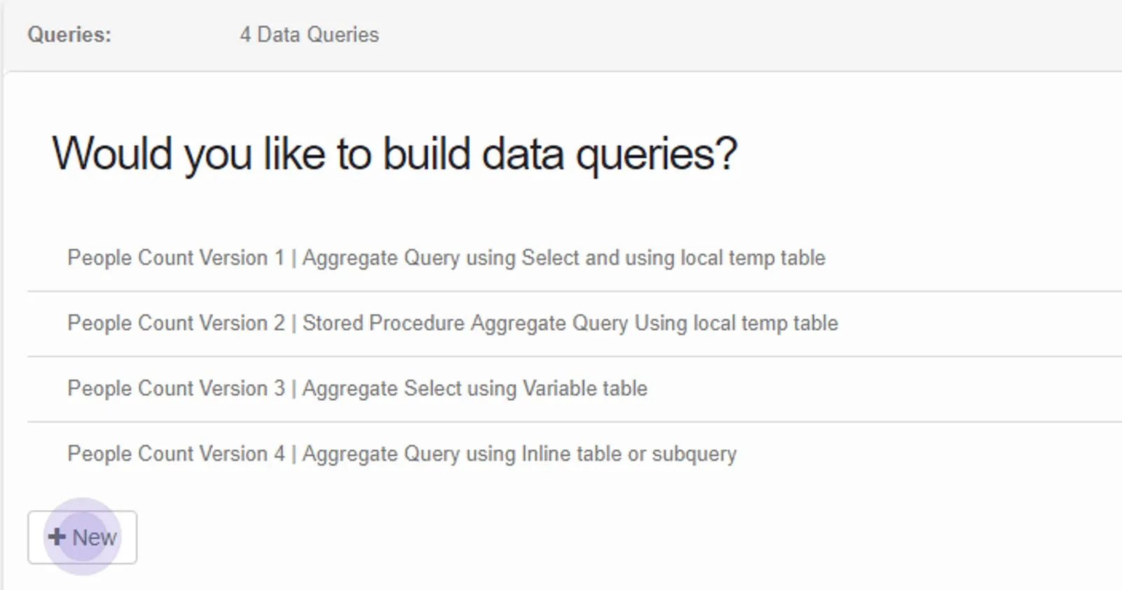 Datastore Queries tab listing four People Count data queries, with the +New button at the bottom left