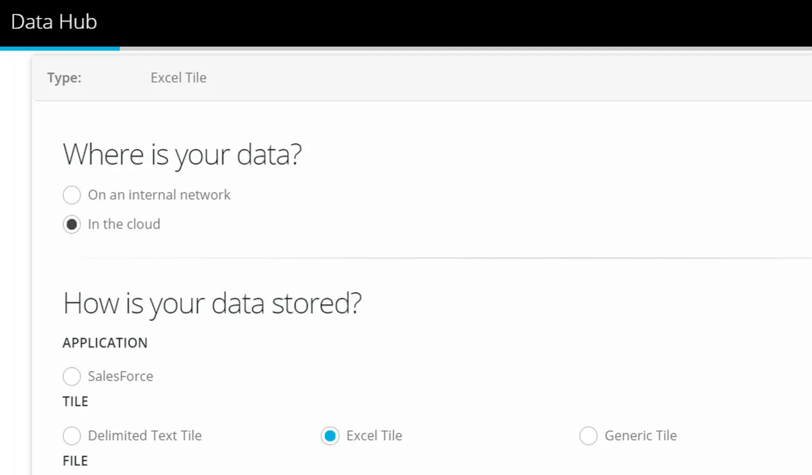 Data Hub Datastore form with In the cloud selected and Excel Tile chosen under Tile, beside Delimited Text Tile and Generic Tile