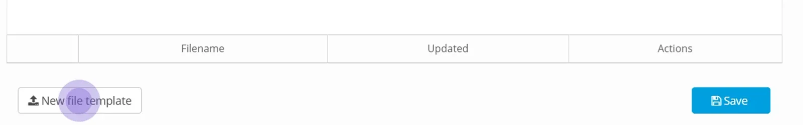 Template table with Filename, Updated and Actions columns, the New file template button highlighted, and Save button