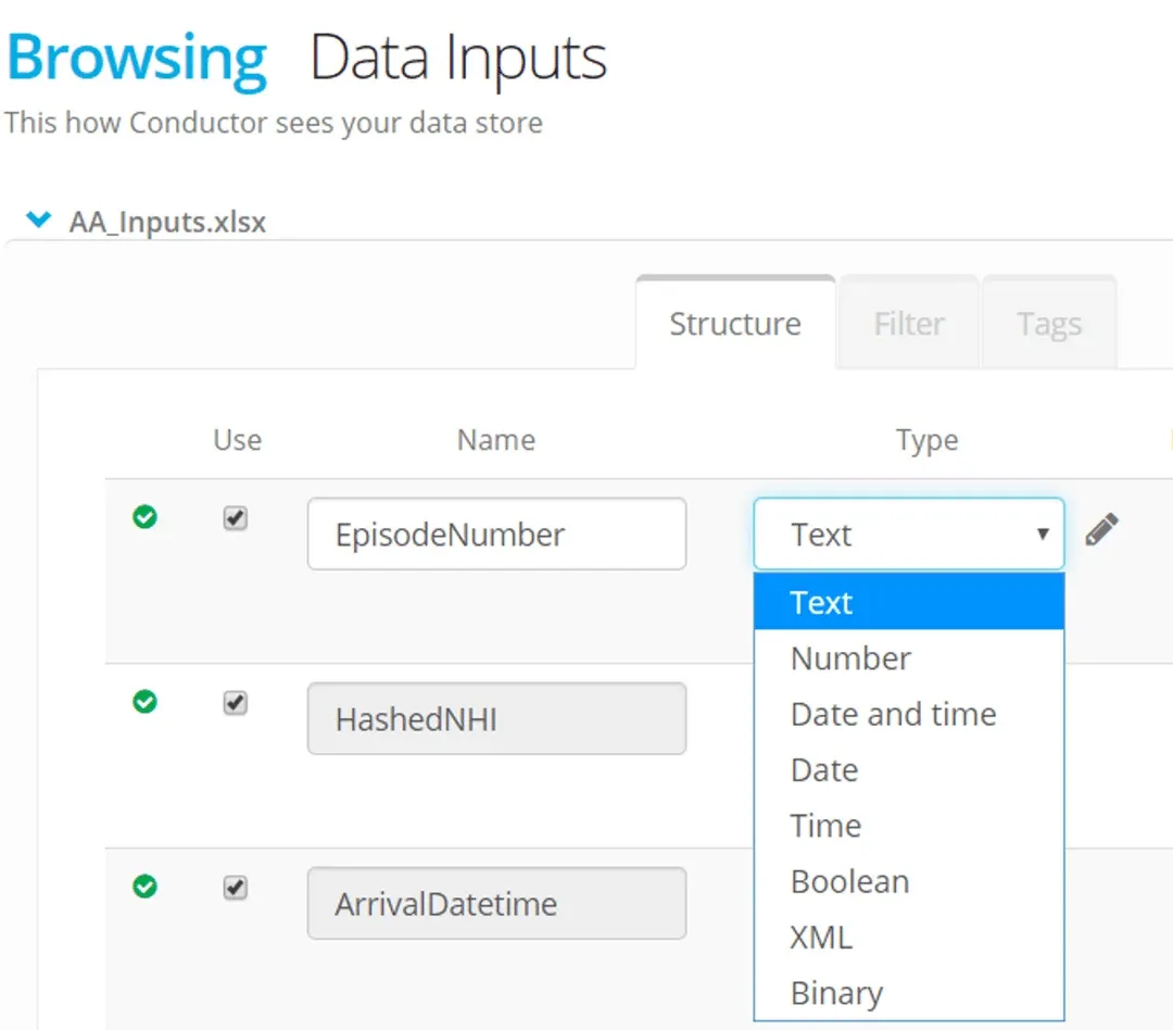 Edit Structure: existing columns (screenshot)